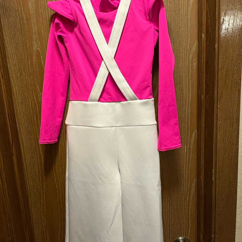Weissman Oompa Loompa Pink and White Jumpsuit with Rainbow stirrups